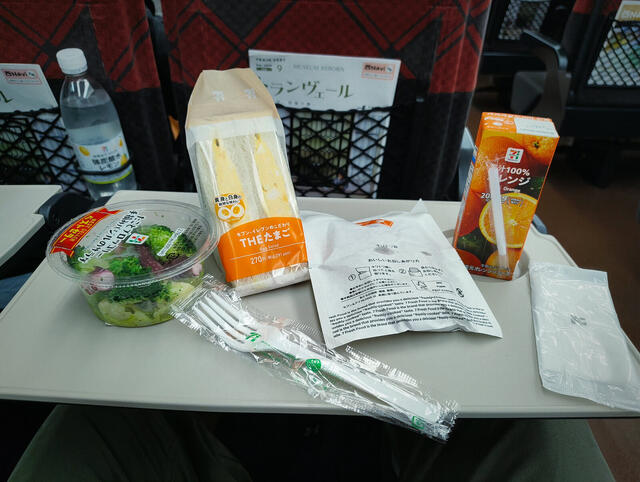 7-Eleven para el Thunderbird: tamago sando, ensalada, algo en bolsita y jugo de naranja.